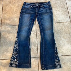 Rock & Roll Cowgirl Flare Blue Jeans with Unique Embroidery